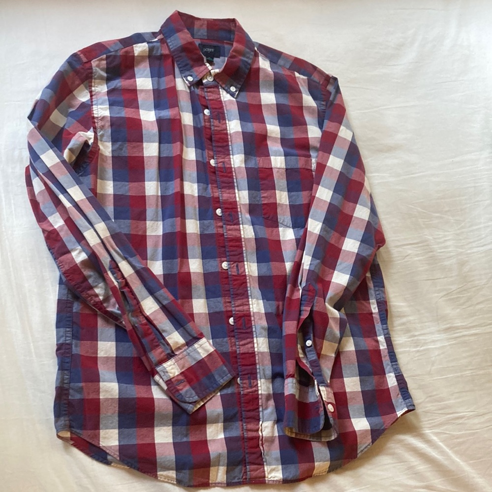 J Crew size medium burgundy, blue & white plaid longlseeve button up